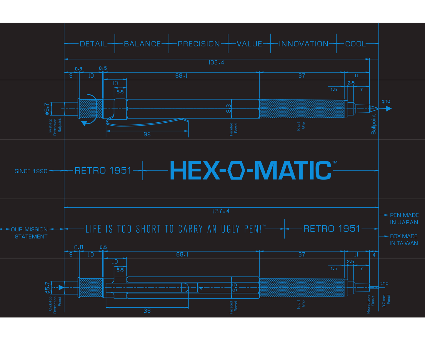 Retro51 HEX-O-MATIC™ Silver Mechanical Pencil 0.7mm