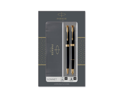Parker Sonnet Duo Set Black Lacquer GT Ballpoint & Fountain Pen