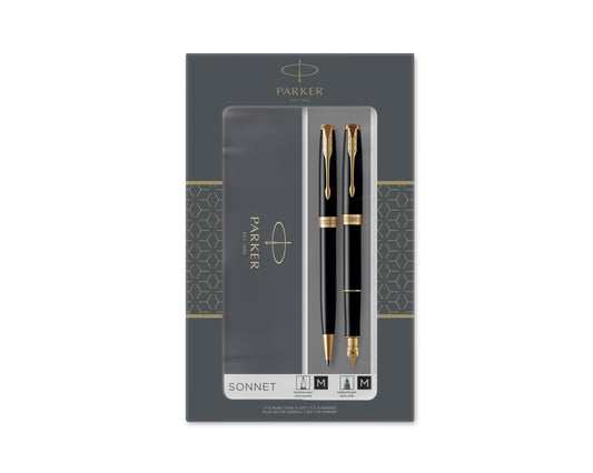 Parker Sonnet Duo Set Black Lacquer GT Ballpoint & Fountain Pen
