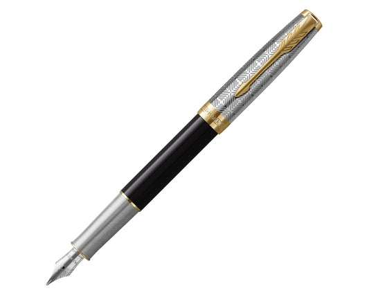 Parker Sonnet Premium Metal & Black GT Fountain Pen - 18k Fine nib
