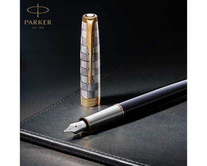 Parker Sonnet Premium Metal & Black GT Fountain Pen - 18k Fine nib