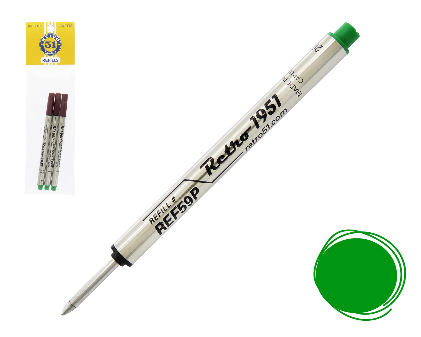 Retro51 Green Capless Rollerball Refill 3-Pack