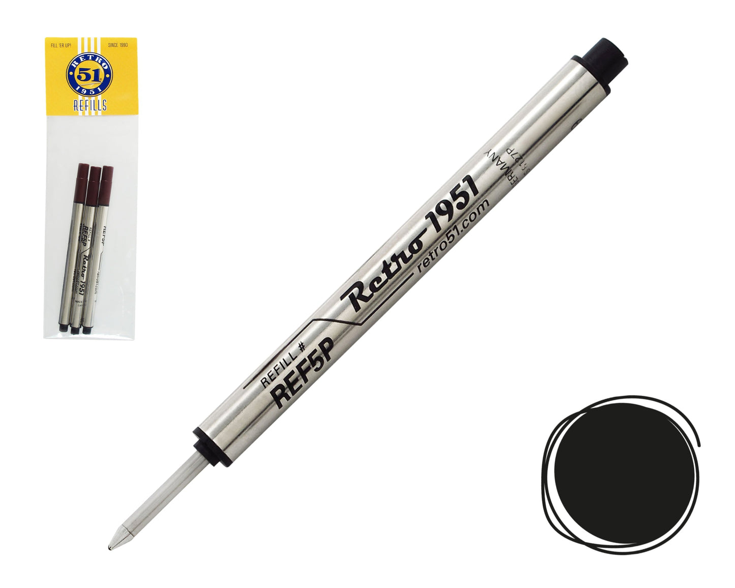 Retro51 Black Capless Rollerball Refill 3-Pack