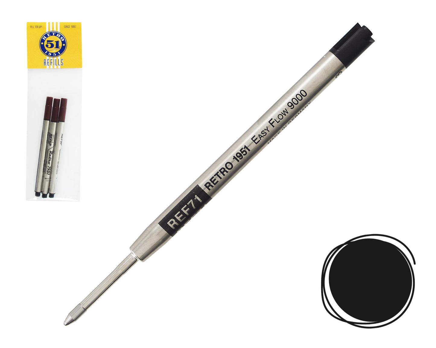 Retro51 Black Easy Flow 9000 Ballpoint Refill 3-Pack