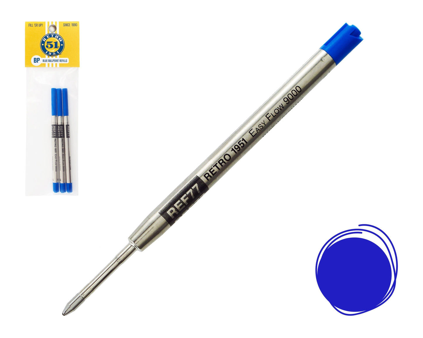 Retro51 Blue Easy Flow 9000 Ballpoint Refill 3-Pack