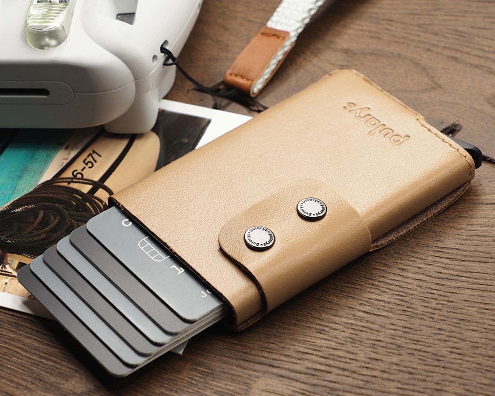 Pularys - FUNKY RFID Wallet Beige on a desk